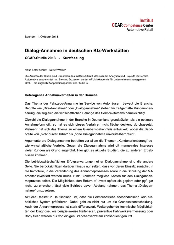 Dialog-Annahme in deutschen KFZ-Werkstätten - AFUM Akademie für Unternehmensmanagement